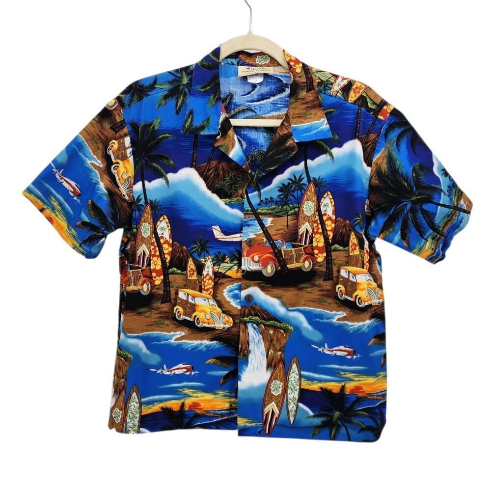 Vintage Royal Hawaiian Creations Boys 16 Hawaiian Shirt Surf Board Palm Tree